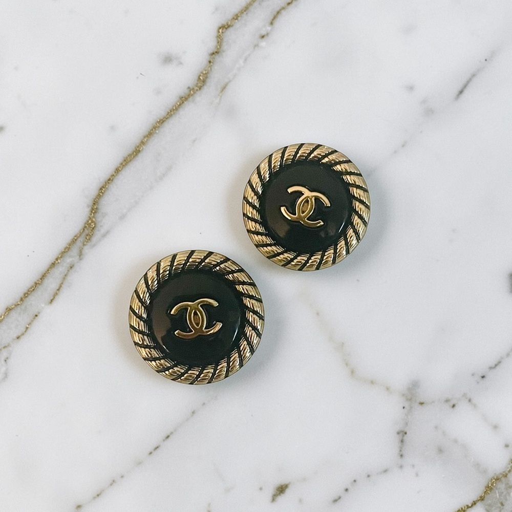 * LAST PAIR* Luxury Black/Gold Upcycled Vintage Button Earrings 20mm
